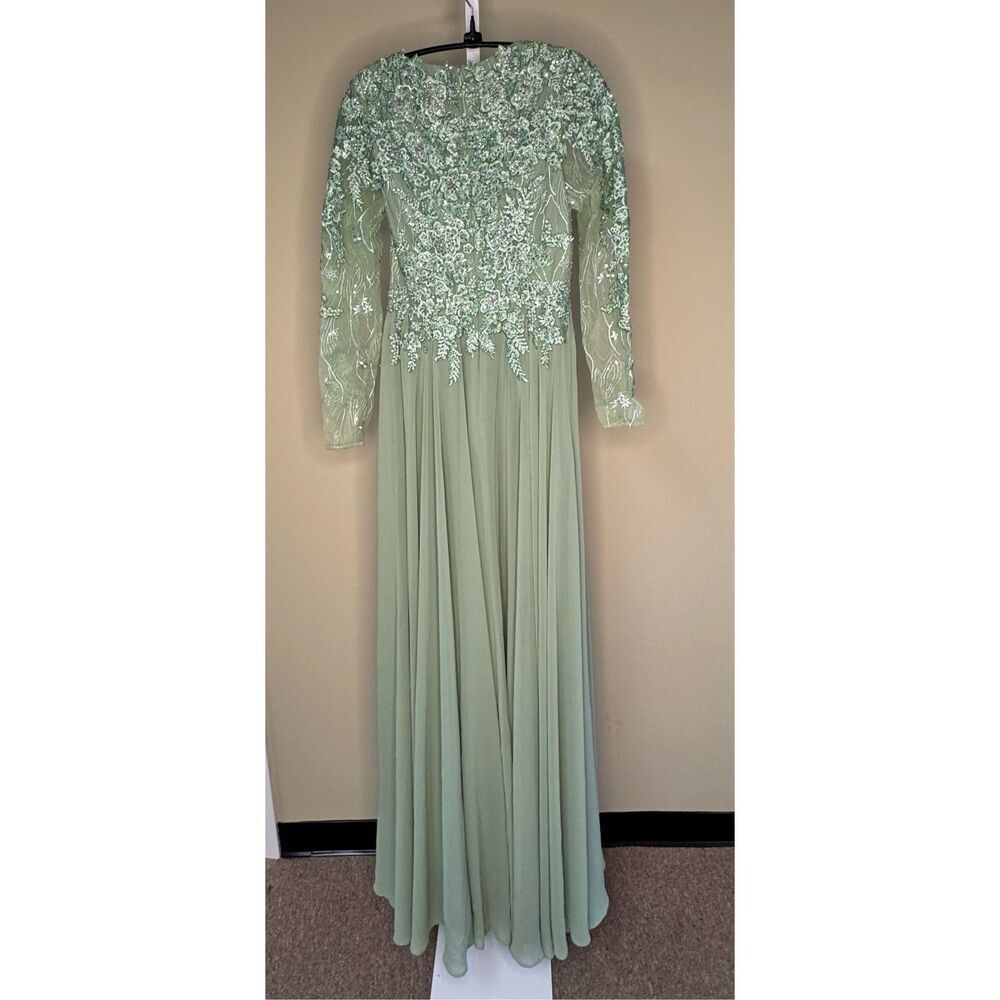 Mac Duggal Mint Green Lace Appliqué Long Sleeve Maxi Dress - Picture 2 of 6